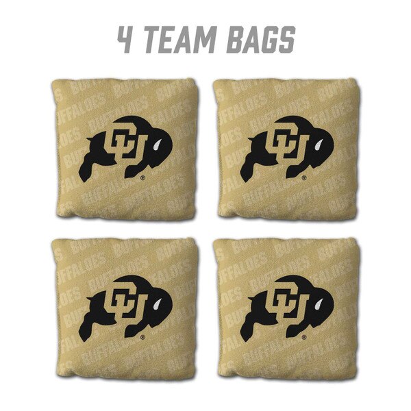 Four CU Buffaloes cornhole bags displayed in a square formation, showcasing the team logo on tan fabric
